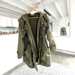 Olive Green Trench Utility Jacket with Lace Hood